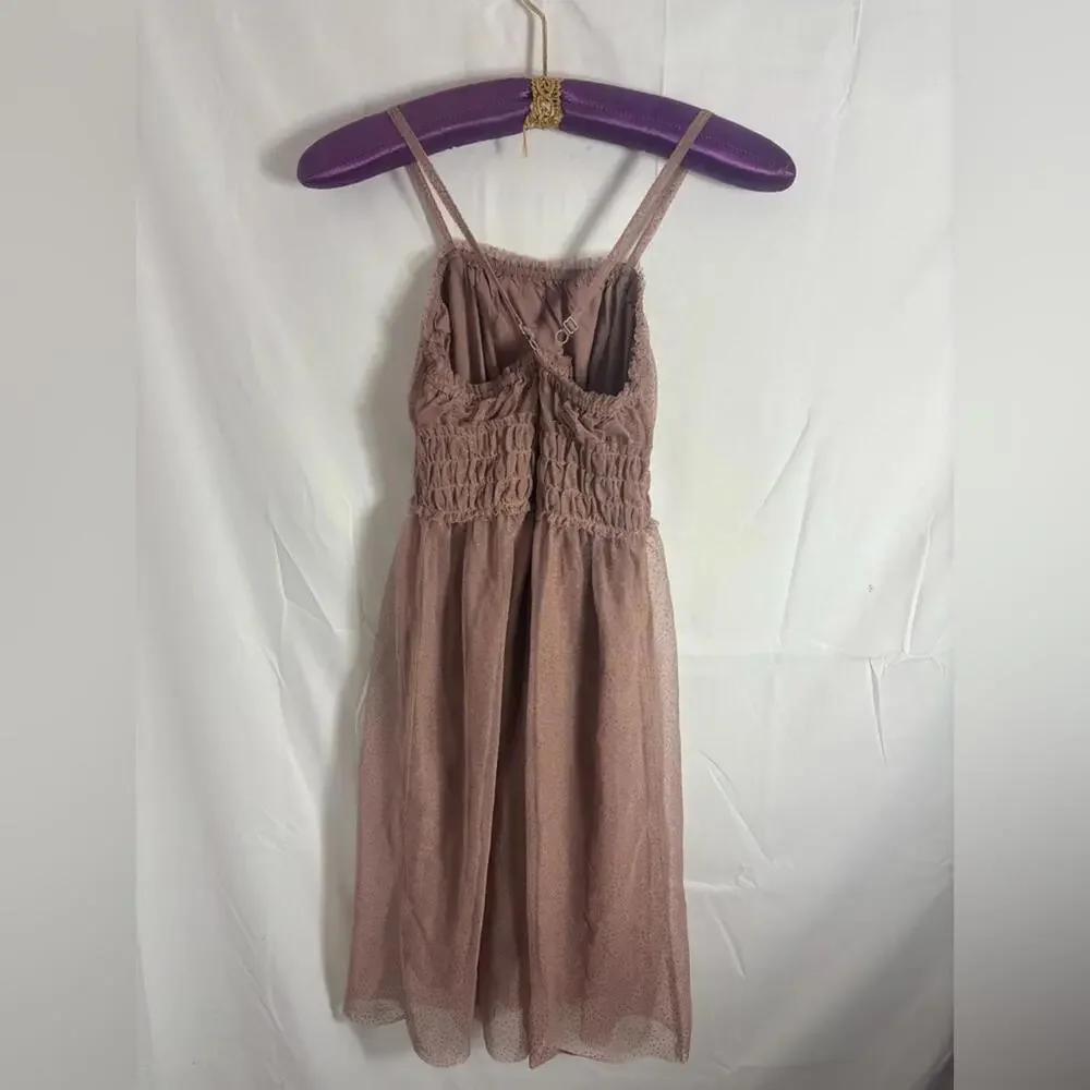 Dusty Rose Glitter Polka Dot Babydoll Cross back Mesh Fairy Midi Dress‎ Size S-M